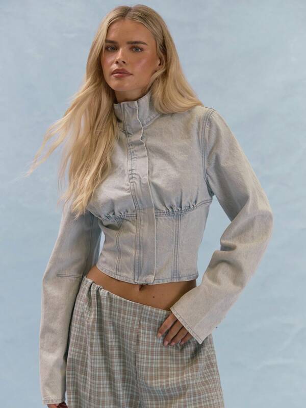 MUSERA Funnel Neck Fitted Seam Detail Denim Jacket Summer Girly Everyday Y2k Cosy Autumn Soft Social