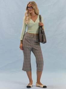 MUSERA Mid Rise Check Pattern Cropped Flare Trousers With Button Waist Detail Summer Smart Casual 1960s Vintage 90s Office Work School Sixth Form Grey Plaid - Multicolor - View 1