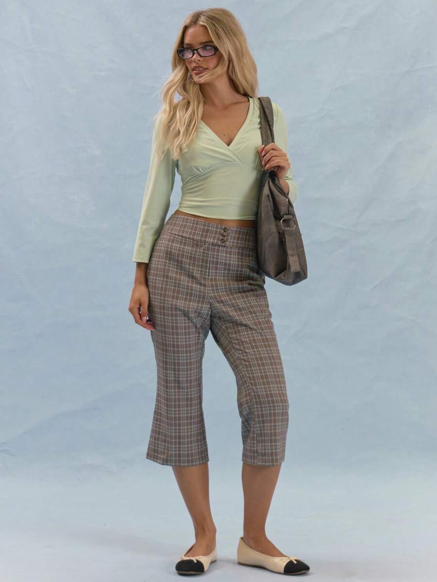 MUSERA Mid Rise Check Pattern Cropped Flare Trousers With Button Waist Detail Summer Smart Casual 1960s Vintage 90s Office Work School Sixth Form Grey Plaid - Multicolor - View 1