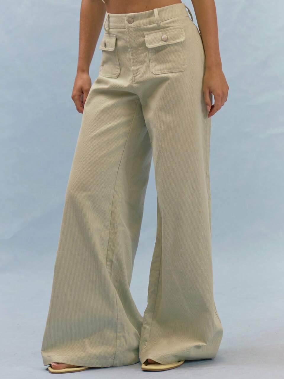 Mint Green Corduroy Front Flap Button Pocket Wide Leg Trousers