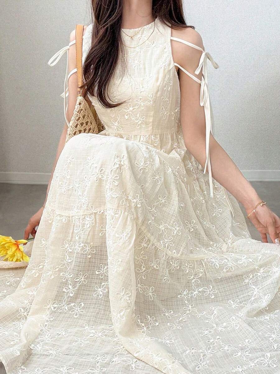 FRIFUL 女款夏季優雅花卉刺繡繫腰洋裝 - 杏色 - 查看 1