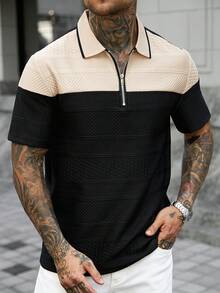 Manfinity CasualCool 男士夏季休閒拼色拼接短袖 Polo 衫 - 黑色 - 查看 6