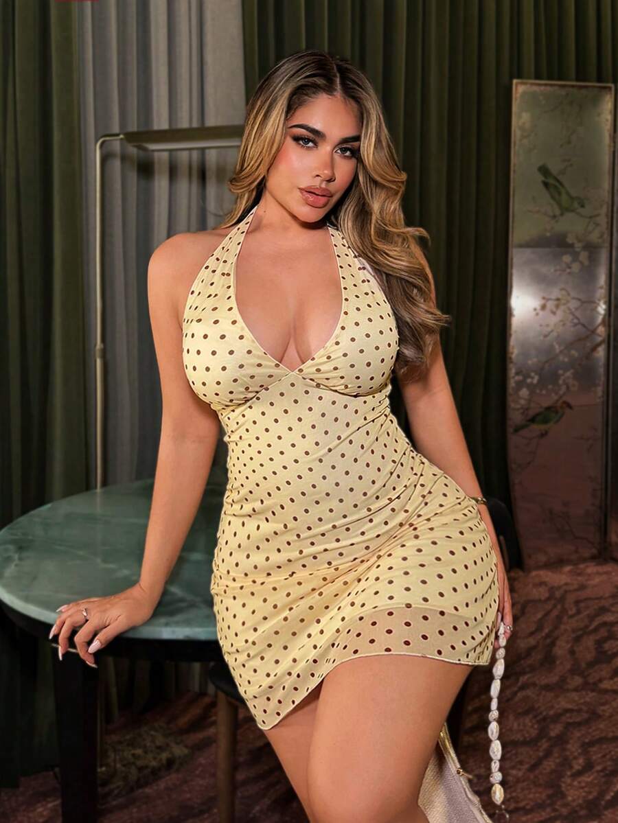NU&NOW Plus Size Summer New Hot Girl V-Neck Polka Dot Print Halter Neck Tie Backless Dress - Yellow - View 1