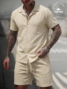 Manfinity Dauomo Men's Solid Color Turn-Down Collar Single-Breasted Short Sleeve Shirt And Elastic Waist Shorts Set - Khaki - View 2