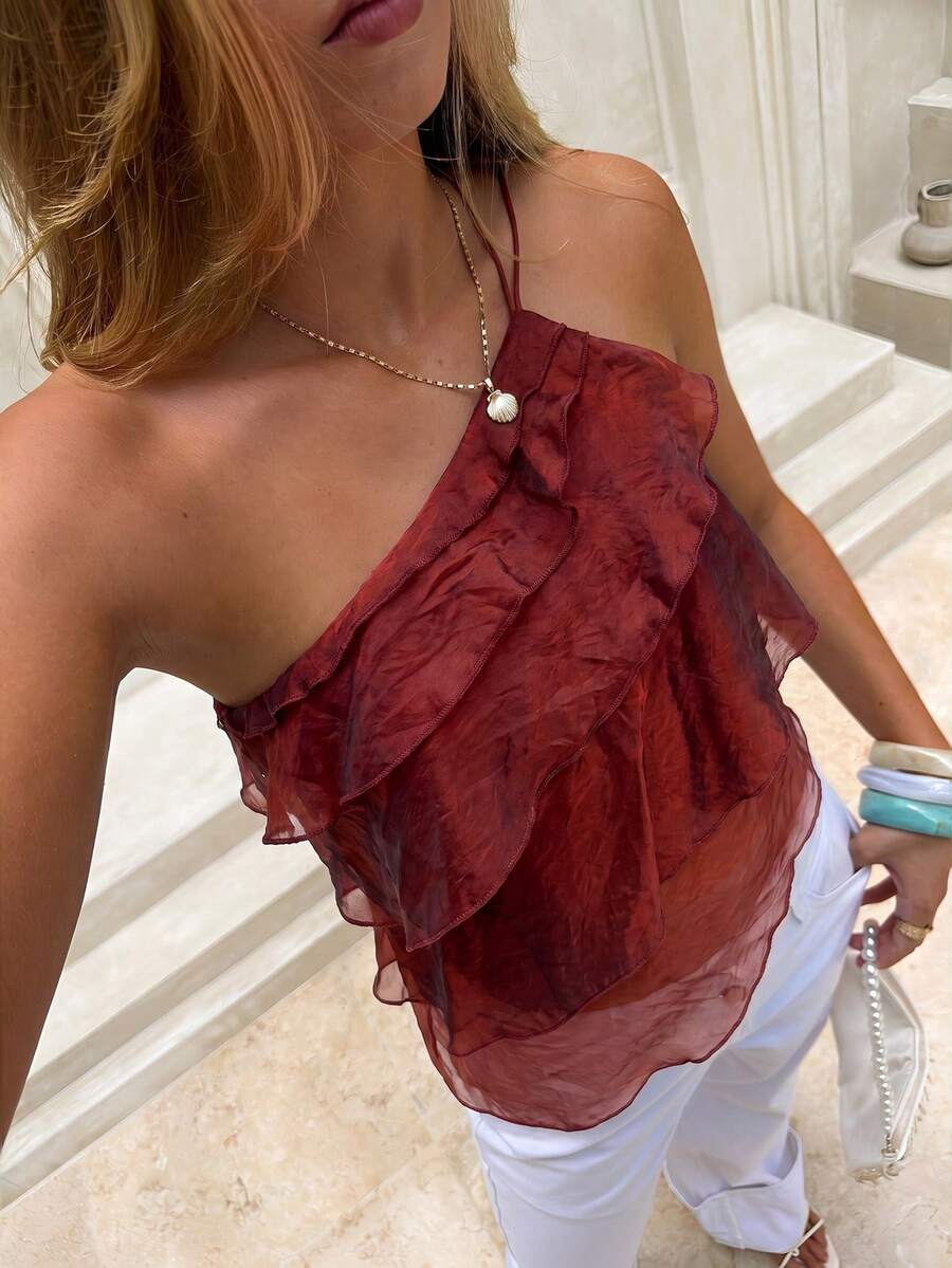 Aloruh Spring/Summer New Elegant Rave Romantic Date Vacation Valentine's Day Wedding Season Rust Chiffon One-Shoulder Backless Multi-Layer Ruffle Blouse - Burgundy - View 1