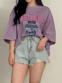 Dazy Plus Kaos Kasual Longgar Leher Bulat dengan Cetakan Huruf Grafis untuk Anak Perempuan, Atasan Lucu Musim Semi/Panas, Kaos Oversize untuk Wanita - Dusty Purple - View 4