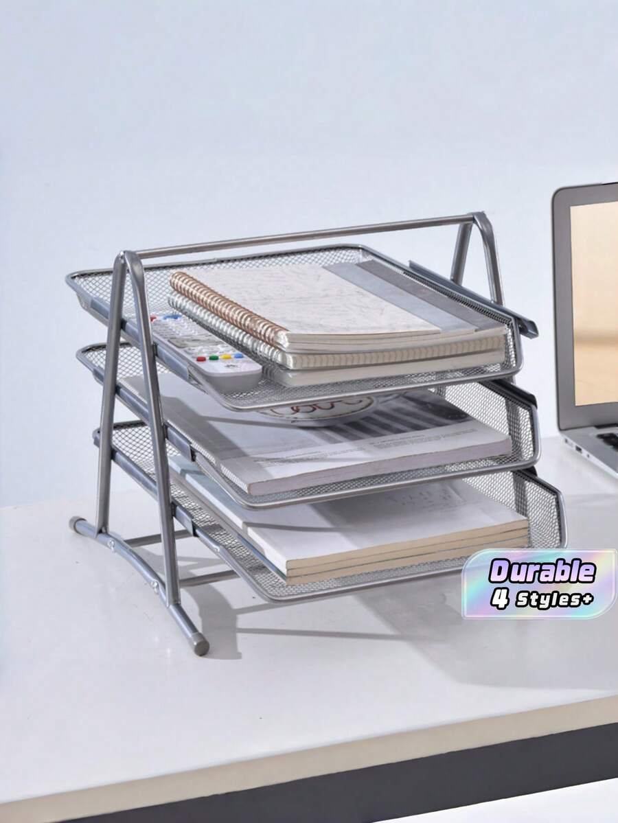 Office Supplies: Iron Wire Mesh Metal Three-Layer File Rack, Document Tray, Storage Rack, File Tray, Document Organizer, Drawer Type. - multicolor - View 1