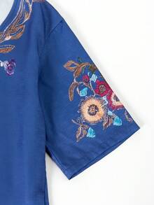 EMERY ROSE Women's V-Neck Printed Short Sleeve Blouse, Casual Matrix Versatile, Office Night Vacation Blue And Yellow Summer - Multicolor - View 4