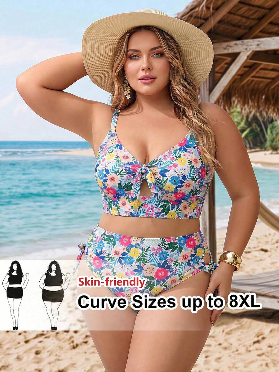 SHEIN CURVE+ 大码女式两件套印花加宽肩带三角比基尼套装,度假沙滩装 - 彩色 - 查看 1