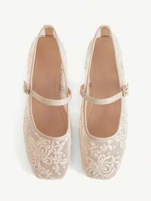 CUCCOO CHICEST Women's Shoes, Apricot Flower Mesh Square Toe Flats, Embroidered Retro Mary Jane Mesh Shoes - Apricot - View 1