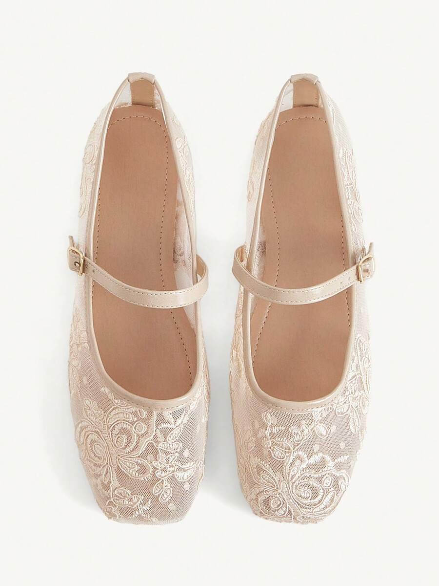 CUCCOO CHICEST Women's Shoes, Apricot Flower Mesh Square Toe Flats, Embroidered Retro Mary Jane Mesh Shoes - Apricot - View 1