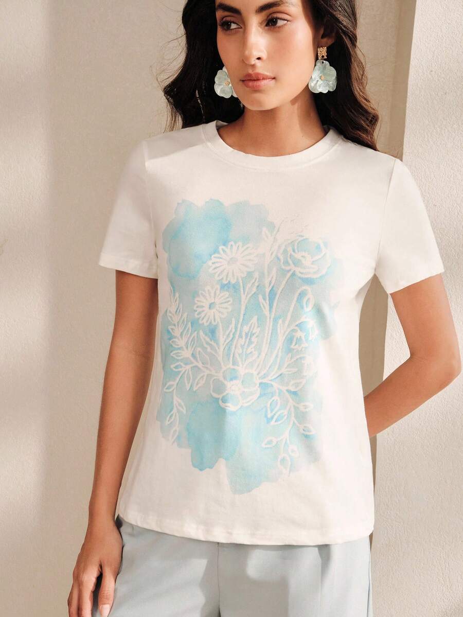 Anewsta 夏季休閒花卉印花短袖T恤 - 白色 - 查看 1