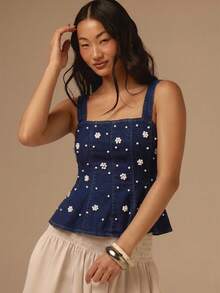 COSMINA Denim 女款優雅珍珠裝飾無袖牛仔襯衫，海軍藍夏季上衣，精緻珠飾工藝，街頭風生日襯衫 - 藏蓝色 - 查看 4