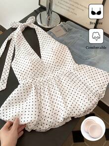 SHEIN Raffinéa Summer Outfits Elegant French Style Women's Top, Built-In Chest Cup, No Need For Bra, Polka Dot Halt - White - View 5