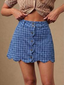 WESTFADE Scalloped Button Front Tonal Gingham Plaid Denim Mini Skirt, Autumn, Fall, Female Country Look, Cowgirl, Rodeo, Concert, Back To School - Blue - View 1