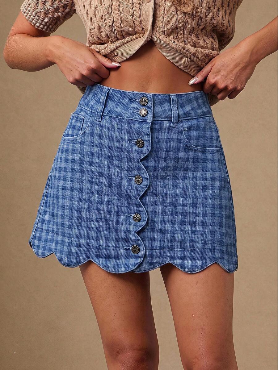 WESTFADE Scalloped Button Front Tonal Gingham Plaid Denim Mini Skirt, Autumn, Fall, Female Country Look, Cowgirl, Rodeo, Concert, Back To School - Blue - View 1