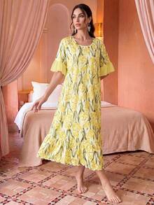 Jahmira Vestido largo de dormir con estampado floral, volantes y bloques de color, perfecto para el verano, Moo Moo - Amarillo - Ver 3