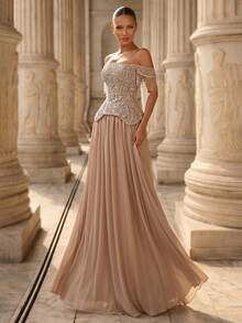 Glamrae Elegant Luxurious Noble Sophisticated Apricot Sequin Patchwork Chiffon Strapless Low Waist 2 In 1 Extra Large Skirt Adjustable Tie Heavy Work Evening Gown Suitable For All Formal Occasions - Champagne - View 5