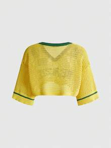 ROMWE Summer Outfits World Cup Sports Style Brazil Colorway Loose Cropped Knit Top - Yellow - View 2
