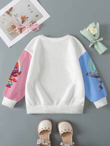 SHEIN Trolls Young Girl Casual Colorblock Cartoon Pattern Crew Neck Sweatshirt, Autumn - White - View 2