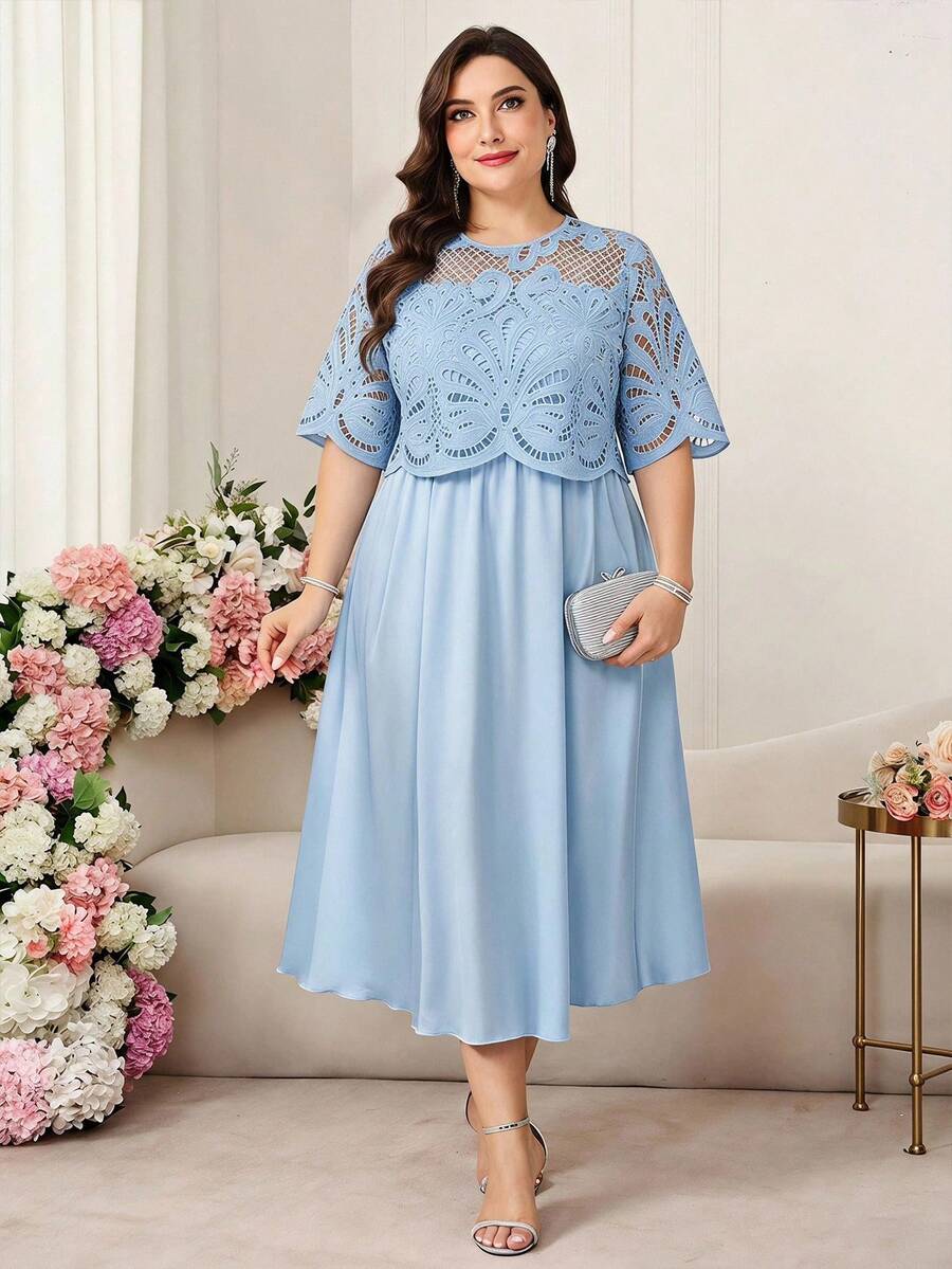 Reflora Plus Size Elegant Party Solid Color Hollow-Out Patchwork Dress - Blue - View 1
