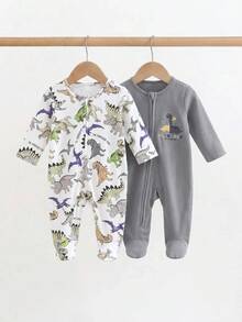 SHEIN 新生兒恐龍印花拉鍊休閒日常長袖連身衣 2件組 - 灰色 - 查看 7