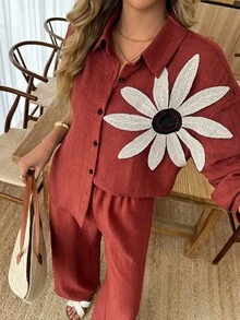Elouméa 女款春夏度假休閒長袖開襟3D花卉褲裝套裝，適合日常穿著與度假 - 紅木色 - 查看 6