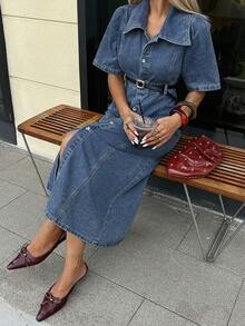 DAZY Women's Loose Casual Long Denim Short Sleeve Dress, Summer - Blue - View 6