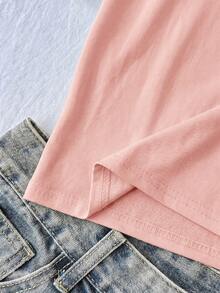 SHEIN Tween Girl Tween Girls Pink V-Neck Ruched Chest Lace Patchwork Short Sleeve T-Shirt - Pink - View 5