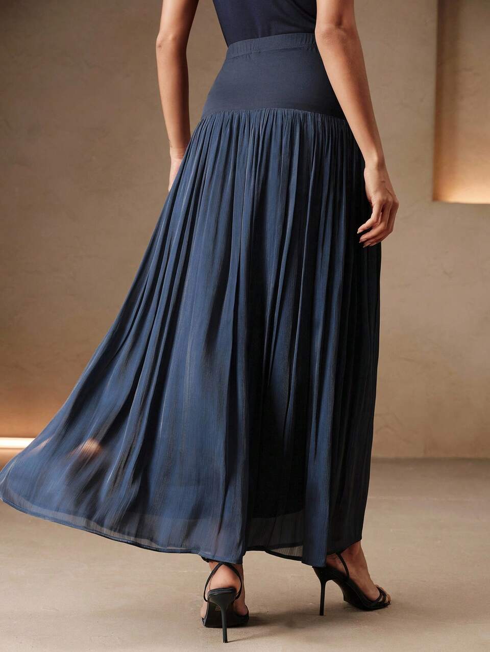 Anewsta Women's Summer Navy Blue Knit & Shiny Fabric Patchwork Pleated A-Line Skirt, Elegant Casual Beach Holiday Skirt