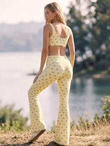 WanderVale 2pcs Women Bow Plaid Random Print Camisole & Pants Cute Sweet Sports Yoga Set Yellow Yellow Matching Set Yellow Outfit Women Yellow Pants - Yellow - View 3