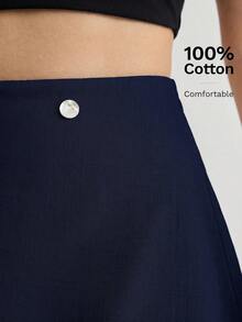 Ontre Women's Comfortable Skin-Friendly Premium Textured Fabric Fitted A-Line Skirt With Side Shell Button Decoration, Vacation Beach Casual Fashion Low-Key Old Money Style High-End Cruise Wear, Minimalist Luxury Quality Essential Outfit, Fashion Business Casual Urban Women's Office Wear, City Commute High-Quality Airport Wear, All-Season Versatile Clothing - Navy Blue - View 4