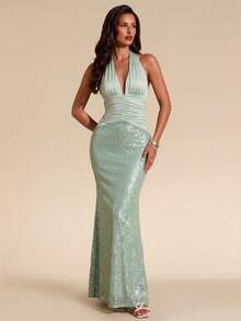 Bluhae Fashionable Sexy Waist-Cinched Slim Fit V-Neck Halter Neck Design Patchwork Sequin Women's Spring Summer Evening Party Mint Green Mermaid Long Dress - Mint Green - View 3