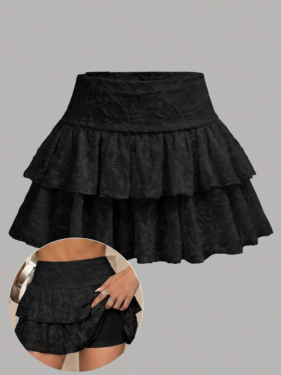 SHEIN Tween Girl Double Layer Ruffle Hem Fashion Skirt - Black - View 1