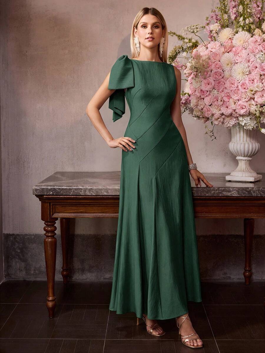 MOTF PREMIUM SUMMER FRENCH BOW TIE STRAP FASHION ELEGANT ELEGANT A-LINE DESIGN WOMEN'S DRESS - Dark Green - View 1