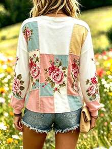 Selamara Women's New Floral Embroidered Print Long Sleeve Casual Crew Neck T-Shirt - Multicolor - View 2
