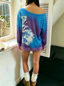 INAWLY Women's Tie-Dye Floral Print Asymmetrical Collar Sweatshirt - Blue - View 2