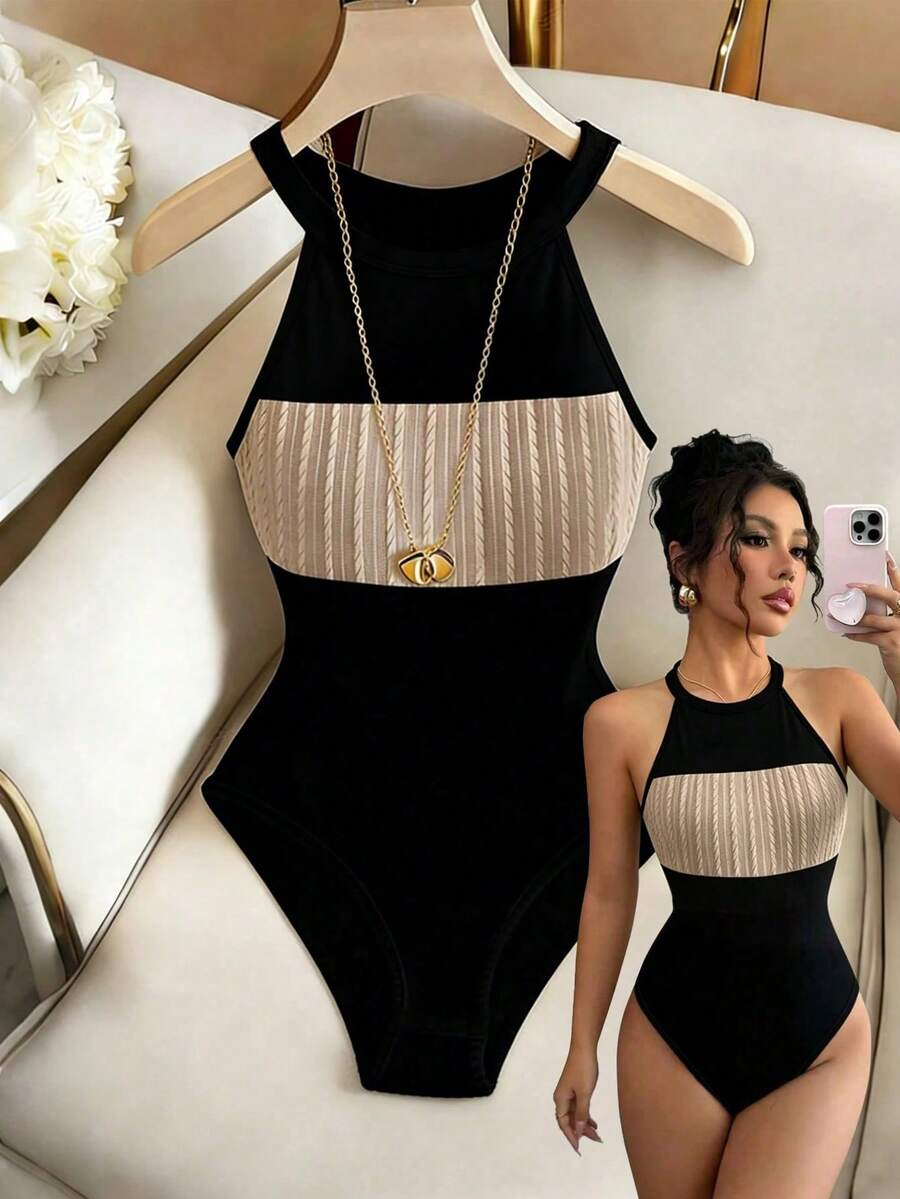 SHEIN Franclia Women's Colorblock Casual Versatile Daily Wear Bodysuit - Black - View 1