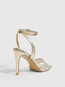 CUCCOO SZL Women's Gold Square Toe Rhinestone Heeled Sandals With Ankle Strap - Gold - View 3