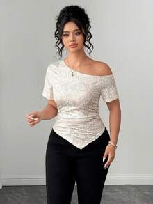 Elenzga Camiseta de mujer talla grande con estampado de encaje, tela de punto, dobladillo asimétrico, cuello asimétrico, manga corta, cintura ceñida, corte A, casual, elegante, cómoda, de moda para uso diario, hogar, vacaciones en la playa, fiesta romántica, cita, invitada a boda, trabajo, versátil, beige blanco - Multicolor - Ver 6