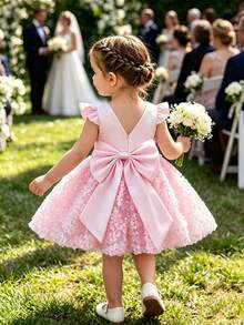 SHEIN Glamorique Kids Vestido de princesa para bebé niña con mangas de mariposa, lazo desmontable en la espalda, corpiño de satén brillante, falda con bordado floral 3D, adecuado para la fiesta del primer cumpleaños del bebé, vestido de niña de flores, fiesta de cumpleaños de bebé niña, fotos familiares, vacaciones diarias, graduación, vestido corto de verano - Rosa - Ver 2