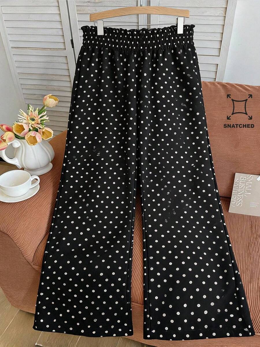 Comfortcana Plus Size Women's High Waist Polka Dot Black Straight Leg Pants Fall - Black - View 1