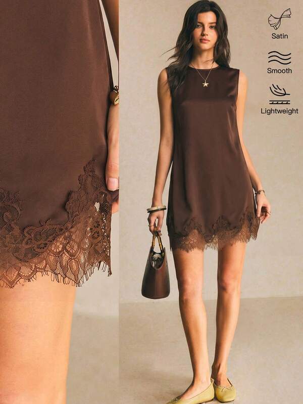 Poéselle Women's Solid Color Round Neck Lace Hem Sleeveless Short Dress