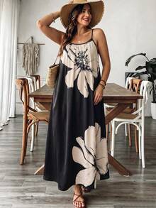 SHEIN VCAY Plus Size Women Summer Casual Elegant Floral Print Sleeveless Dress Evening Formal Vacation Black - Black - View 5