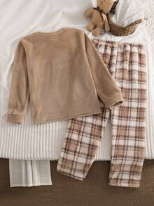SHEIN 2pcs/Set Men's Round Neck Bear Embroidery Plaid Print Fuzzy Casual Long Sleeve Pants Warm Soft Fleece Loungewear Set Autumn - Apricot - View 2
