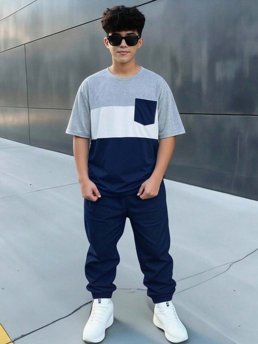 SHEIN 2件組青少年男孩休閒學院風撞色圓領套頭短袖T恤與長褲套裝，適合通勤、上學、外出、運動、節日派對、度假，春夏季適用