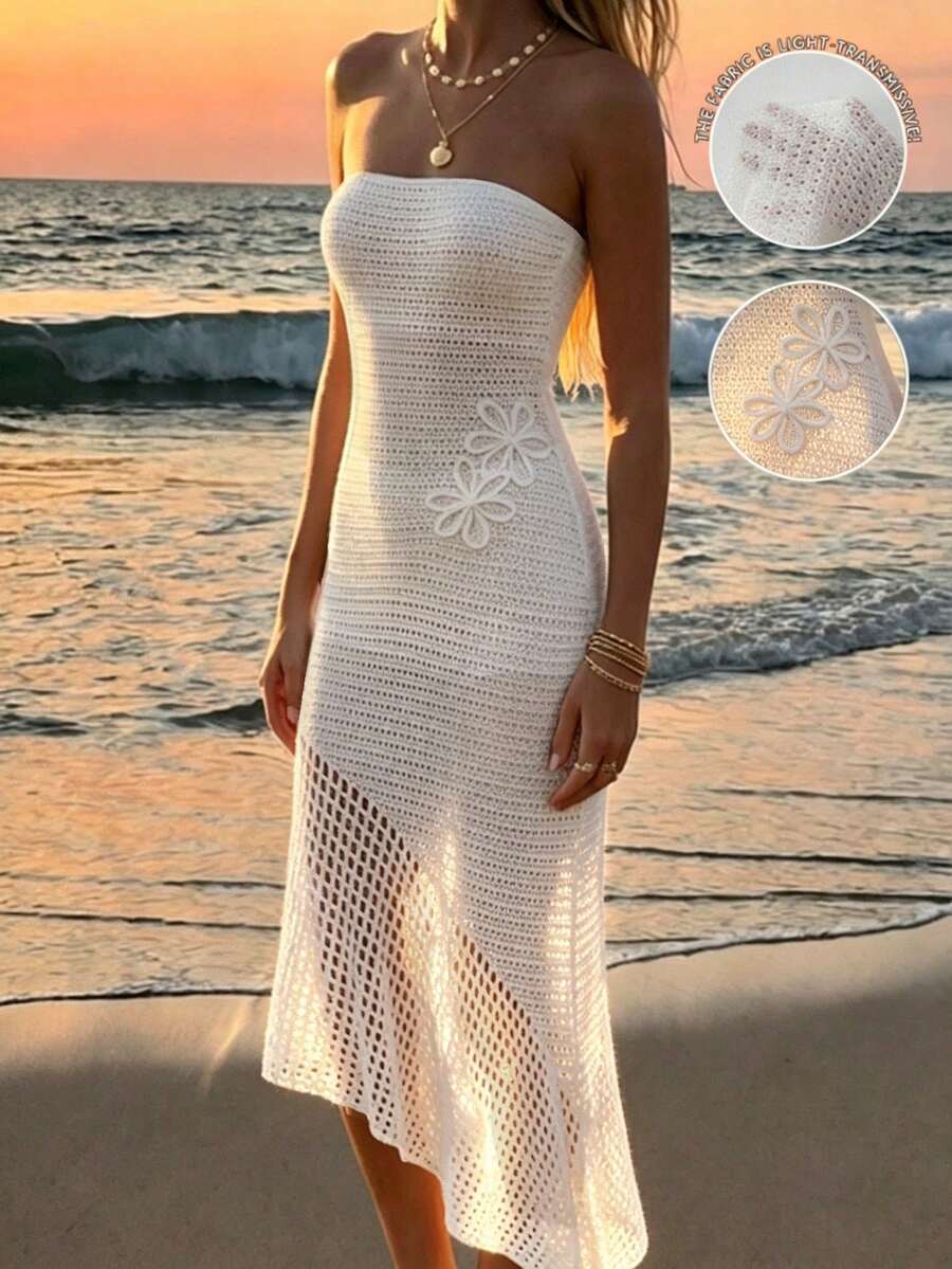SHEIN LUNE 春夏新款白色镂空露背性感不对称钩针编织罩衫连衣裙,适合海滩度假,3D花卉装饰女士毛衣连衣裙 - 白色 - 查看 1