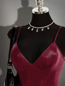 SHEIN ICON Women's Solid Color PU Leather Fashion Date Birthday Club Night Out Rave Party Mini Cami Dress Burgundy Autumn Sexy Halloween - Burgundy - View 5