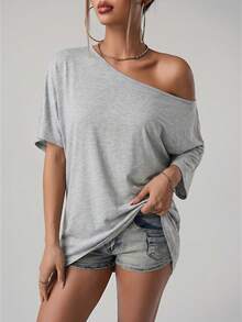 SHEIN ICON 美式街頭休閒風不對稱領寬鬆版型純黑色T恤 - 灰色 - 查看 4