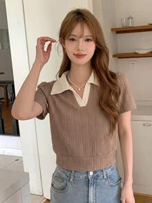 Dazy-Less 女款圓領短袖咖啡棕純色寬鬆休閒落肩百搭商務休閒T恤 - 咖啡棕 - 查看 5